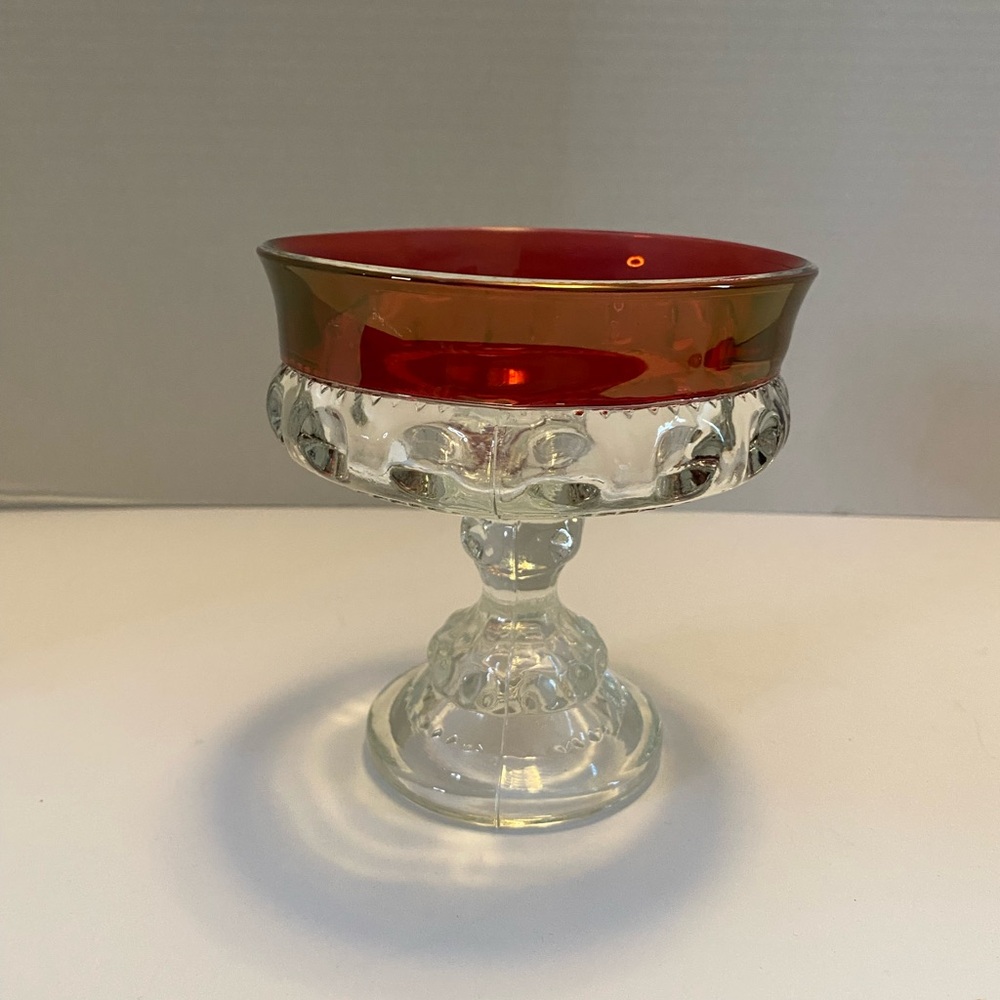 Kings Crown Ruby Flash Thumbprint Diamond Point Compote Candy Dish 5 1/4" Tall